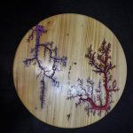 Wooden disc with fractal-like burns in purple and red resembling trees.