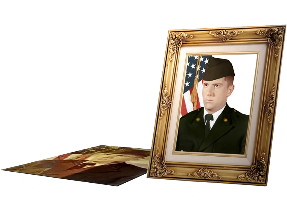 A picture of a man in a military uniform with an american flag in the background