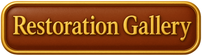 A brown button that says restoration gallery on it