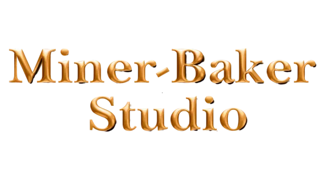 The word miner baker studio is written in gold on a black background