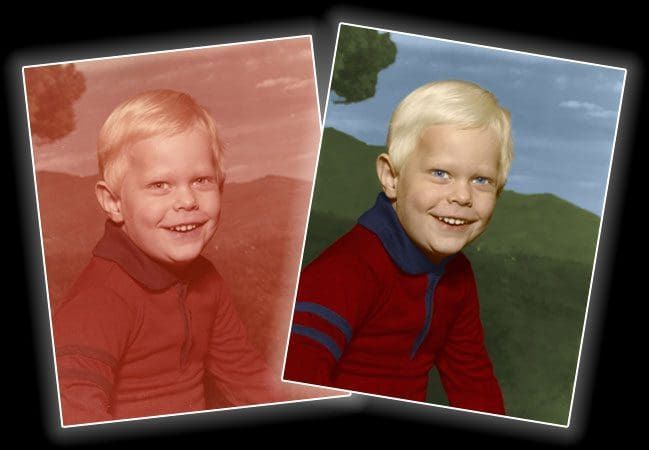 Two pictures of a young boy in a red shirt