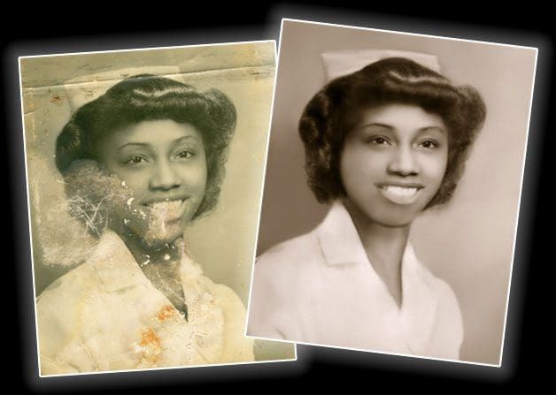 A black and white photo of a woman in a nurse cap