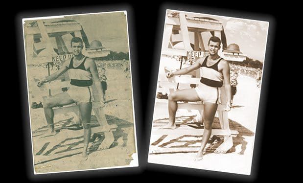A black and white photo of a man on the beach
