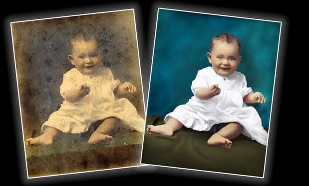 Two pictures of a baby in a white dress
