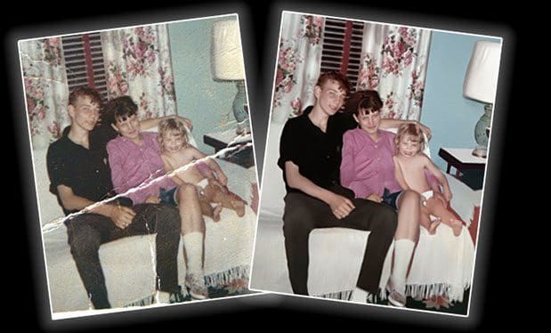 A couple of pictures of a family sitting on a couch