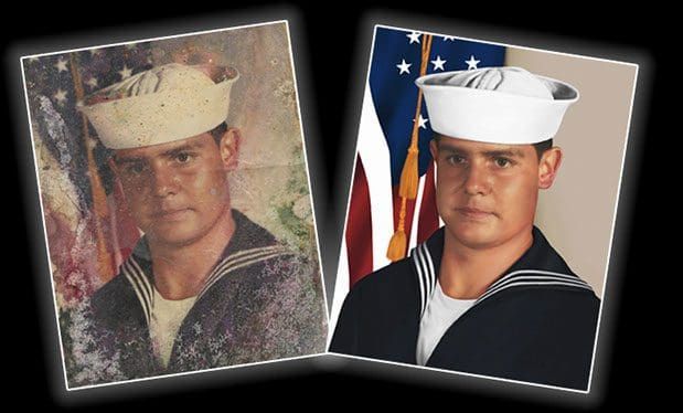 Two pictures of a man in a navy uniform with an american flag in the background