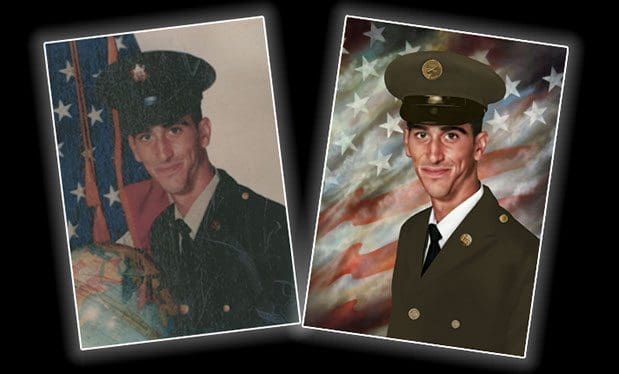 Two pictures of a man in a military uniform with an american flag in the background