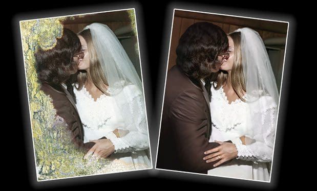 Two pictures of a bride and groom kissing on their wedding day