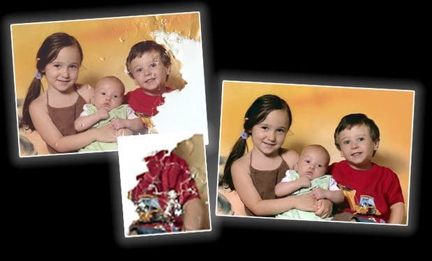 A picture of a girl holding a baby next to a picture of a boy holding a baby