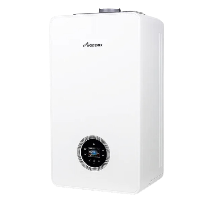 New, efficient boiler. A white boiler is sitting on a white surface.