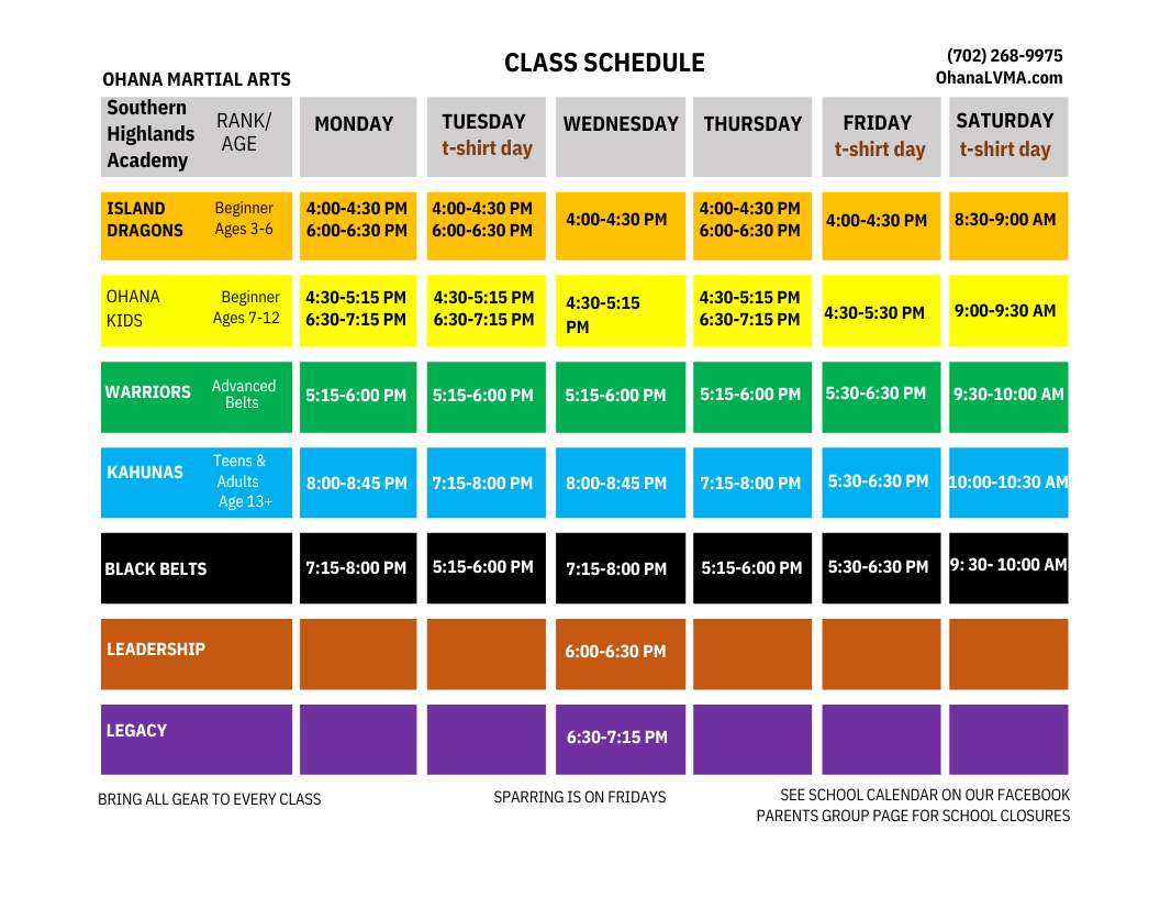Ohana martial arts class schedule for Southern Highlands