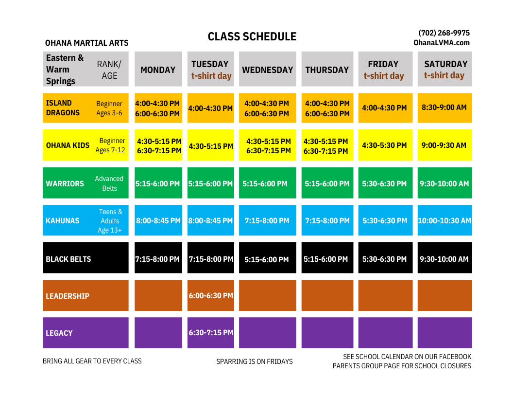 Ohana martial arts class schedule at Paradise Studio