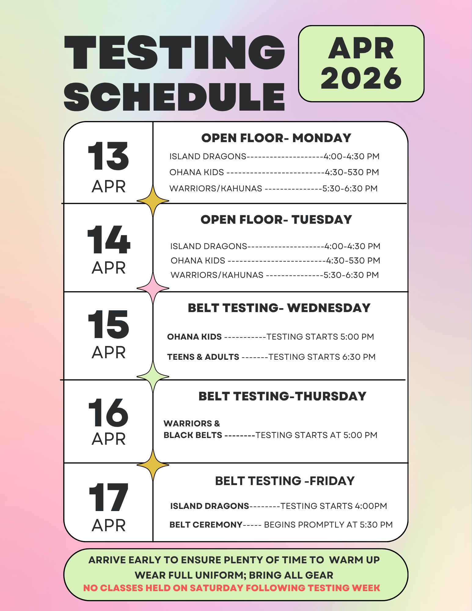 Ohana Martial Arts Testing April 2026