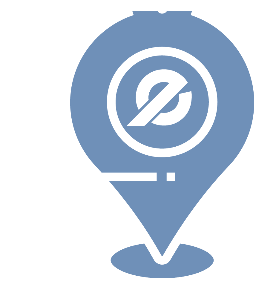 A blue pin with a white circle in the middle and a line going through it.