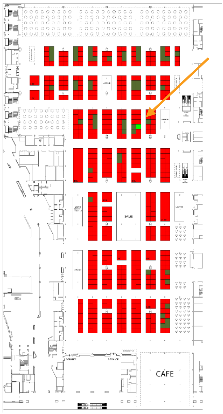 A floor plan of a building with a green arrow pointing to the cafe