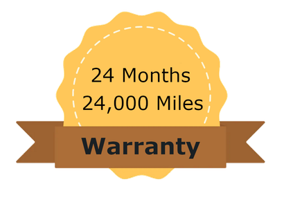 Yellow badge with a brown banner displaying a 24-month, 24,000-mile warranty. | Auto Source Of West Michigan