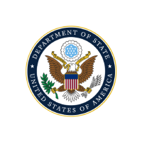 Sceau du Département d'État américain : un aigle tenant des flèches et un rameau d'olivier, entouré de texte et d'un emblème bleu.