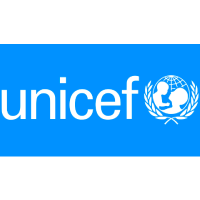 Logo de l'UNICEF : nom et symbole blancs sur fond bleu.