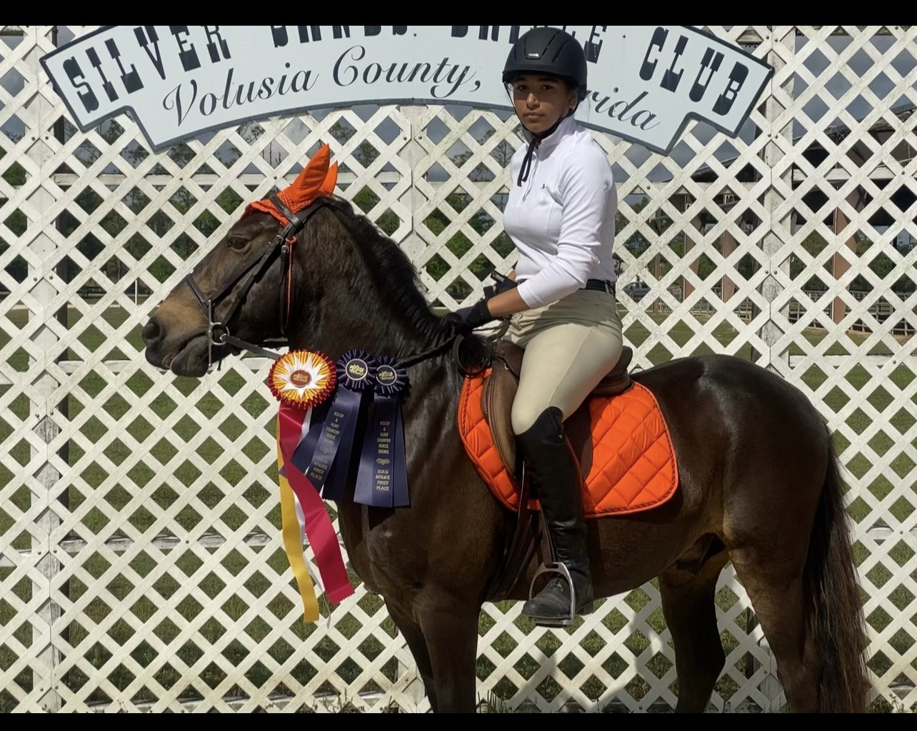 A woman is riding a horse with a ribbon around its neck.