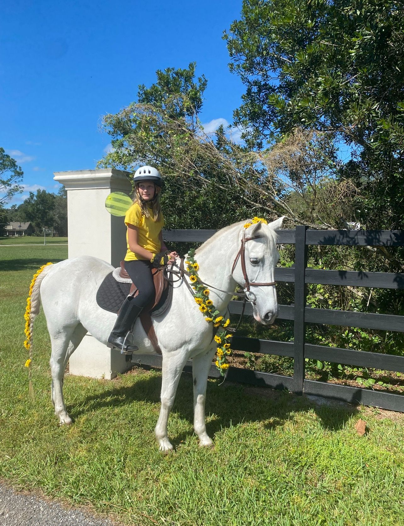 A woman is riding on the back of a white horse.