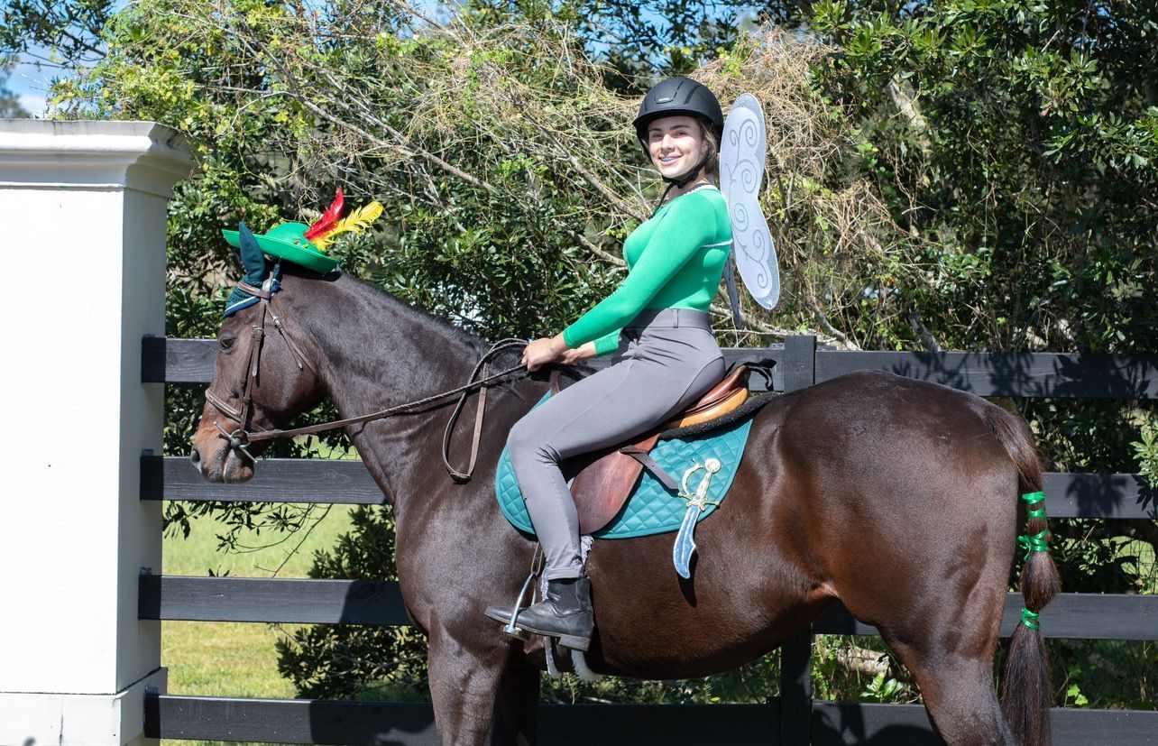 A woman dressed as a fairy is riding a brown horse.