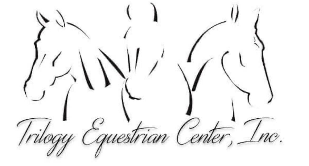 A black and white logo for trilogy equestrian center inc.