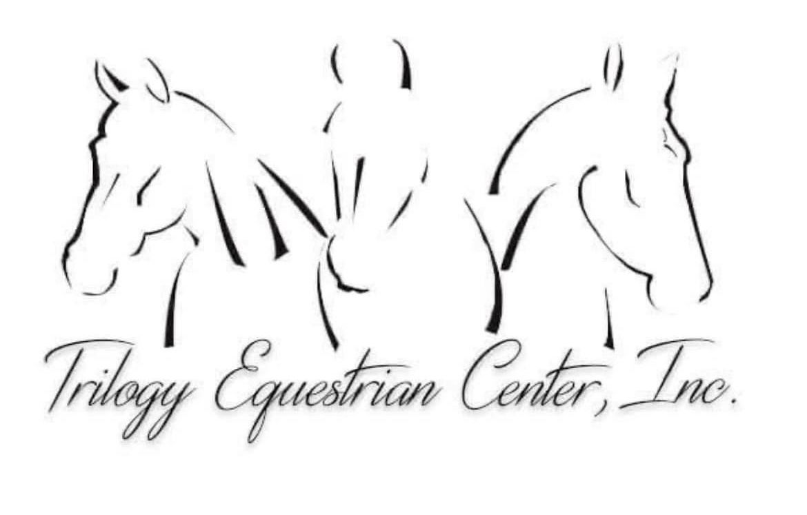 A black and white logo for trilogy equestrian center inc.