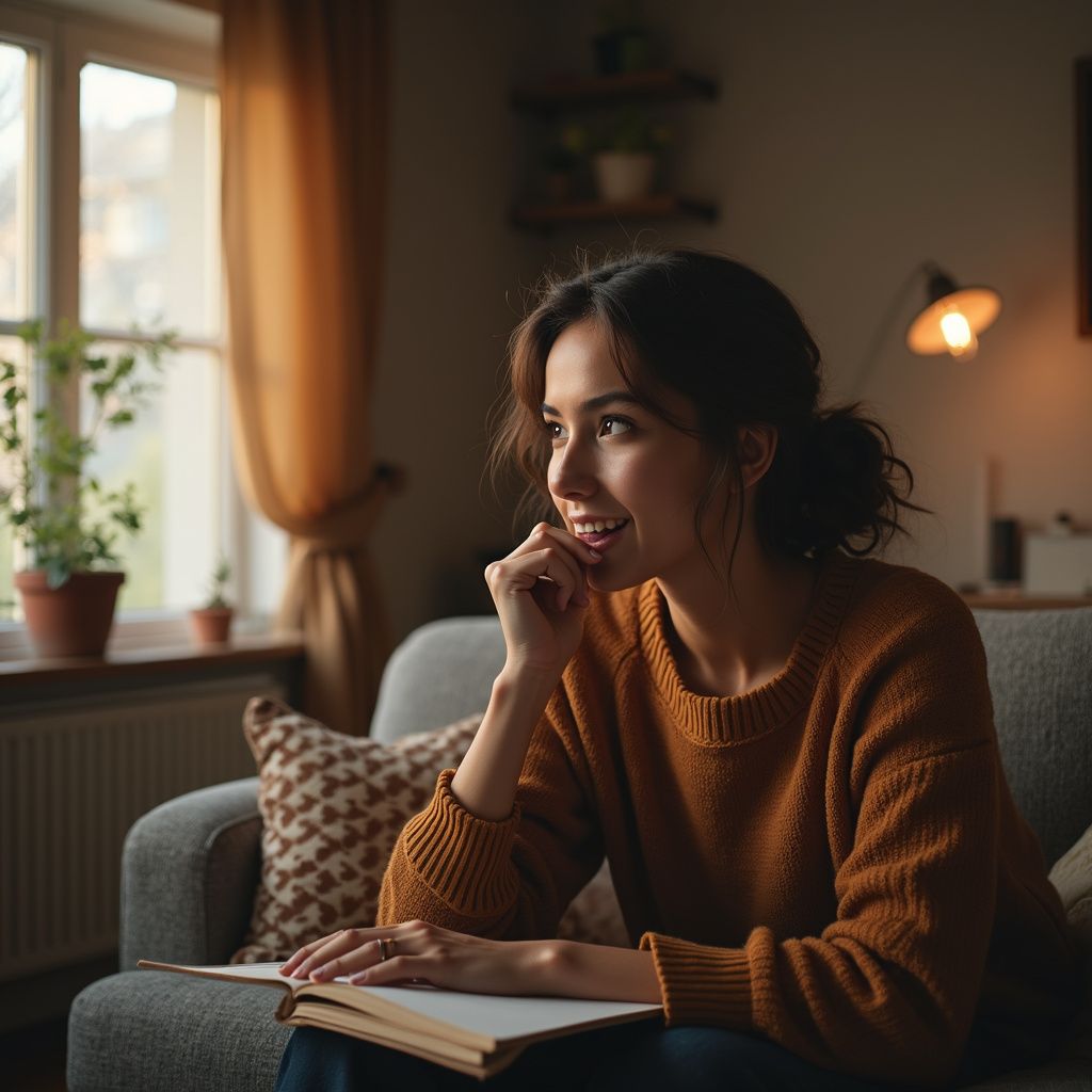 Een vrouw in een oranje trui lacht, legt haar kin in haar hand en kijkt op van een boek op de bank bij het raam.