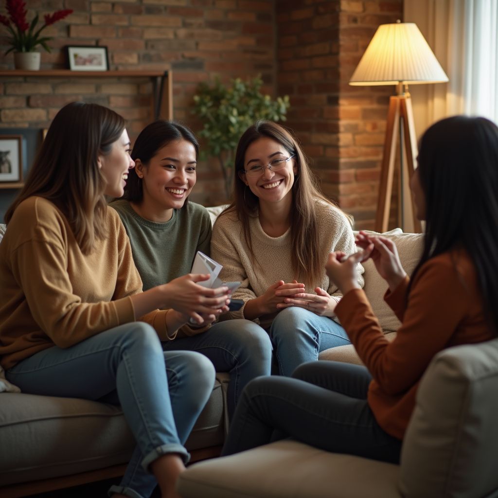 Vier vrouwen op een bank, lachend, spelend een kaartspel in een warm verlichte woonkamer.
