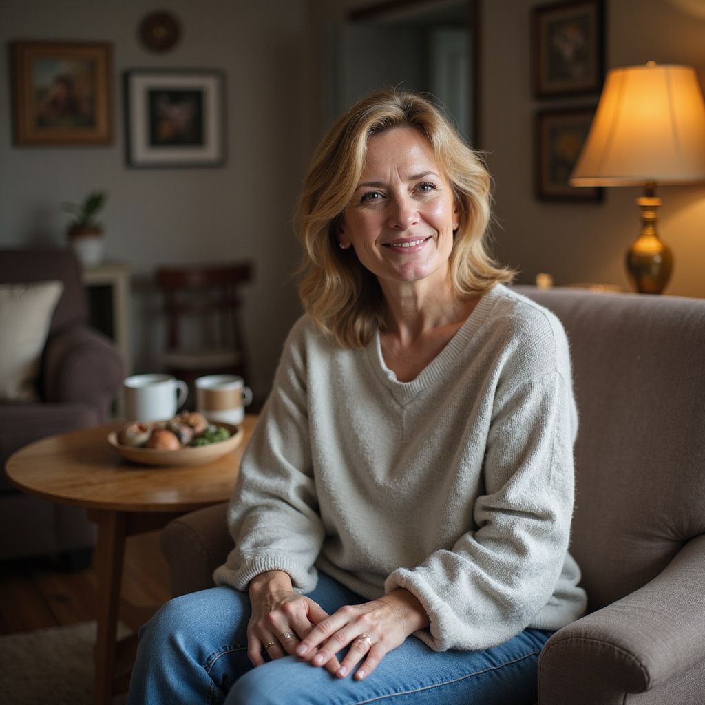 Een glimlachende vrouw met blond haar zit in een comfortabele fauteuil in de woonkamer, gekleed in een lichte trui en een spijkerbroek.