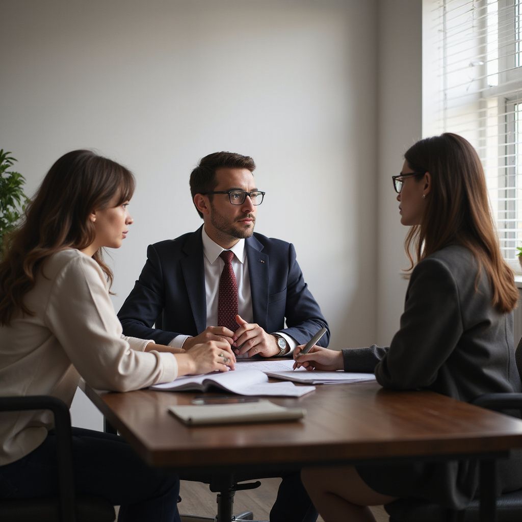 Drie mensen in een vergadering: Een echtpaar en een professional zitten aan een tafel, documenten zijn aanwezig en ze bespreken zaken.
