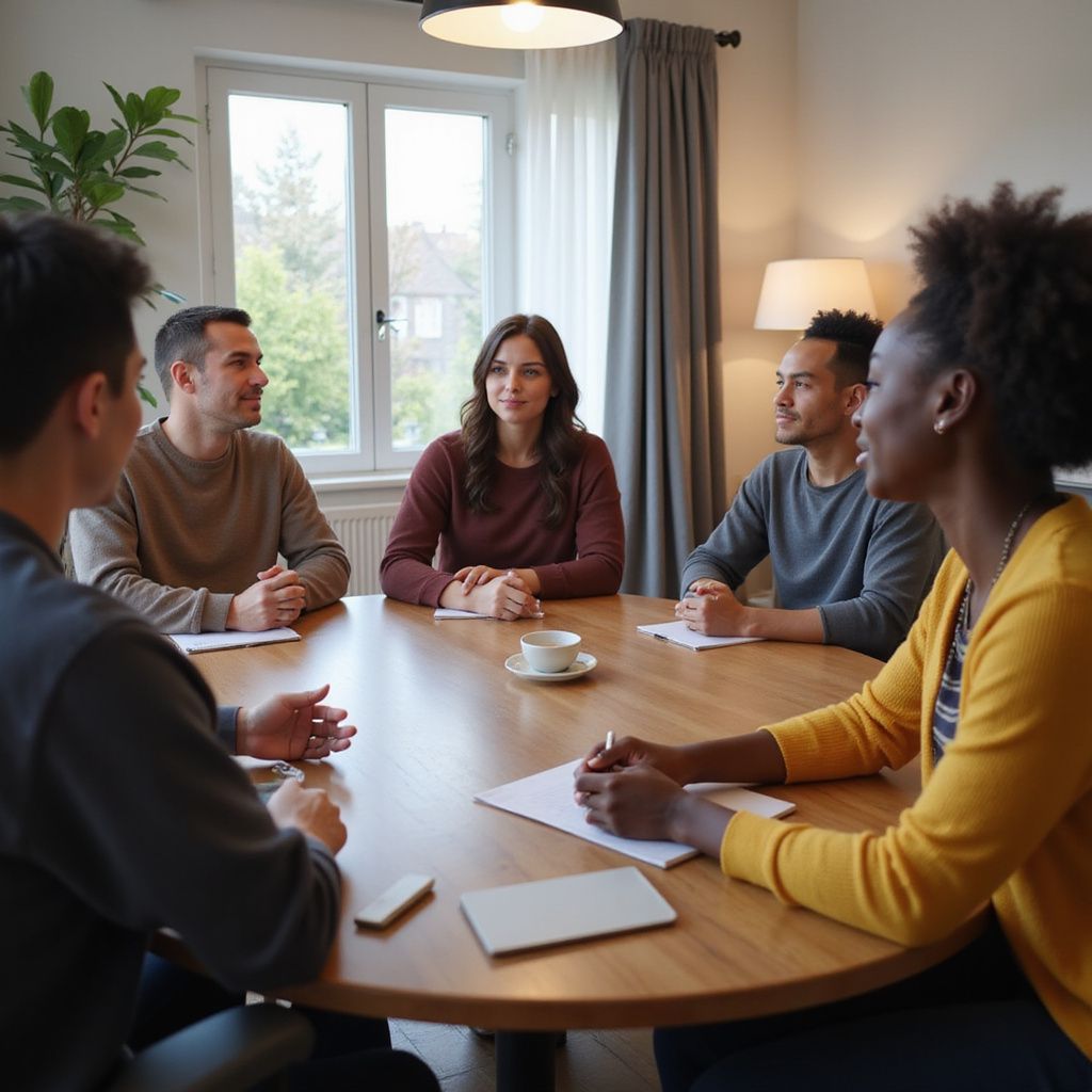 Een groep mensen zit rond een ronde tafel te praten. Het zonlicht schijnt door een raam naar binnen.