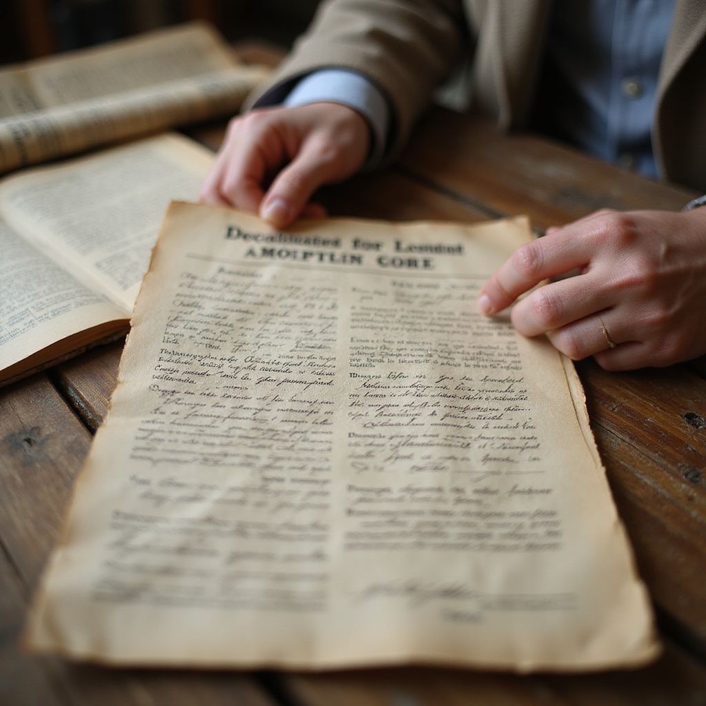 Een persoon leest een vervaagd, oud document met de titel 