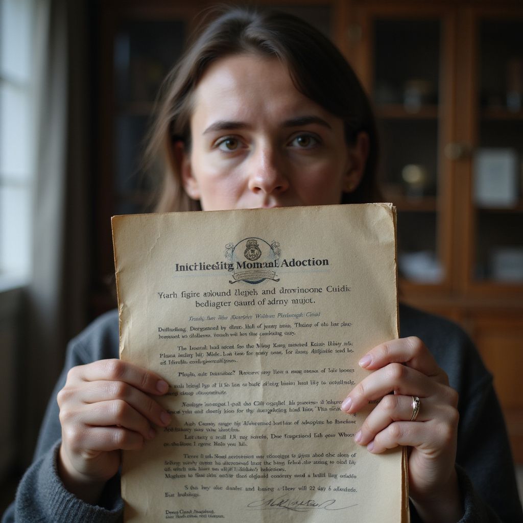 Een vrouw houdt een oud document over adoptie vast en kijkt binnen rechtstreeks in de camera.