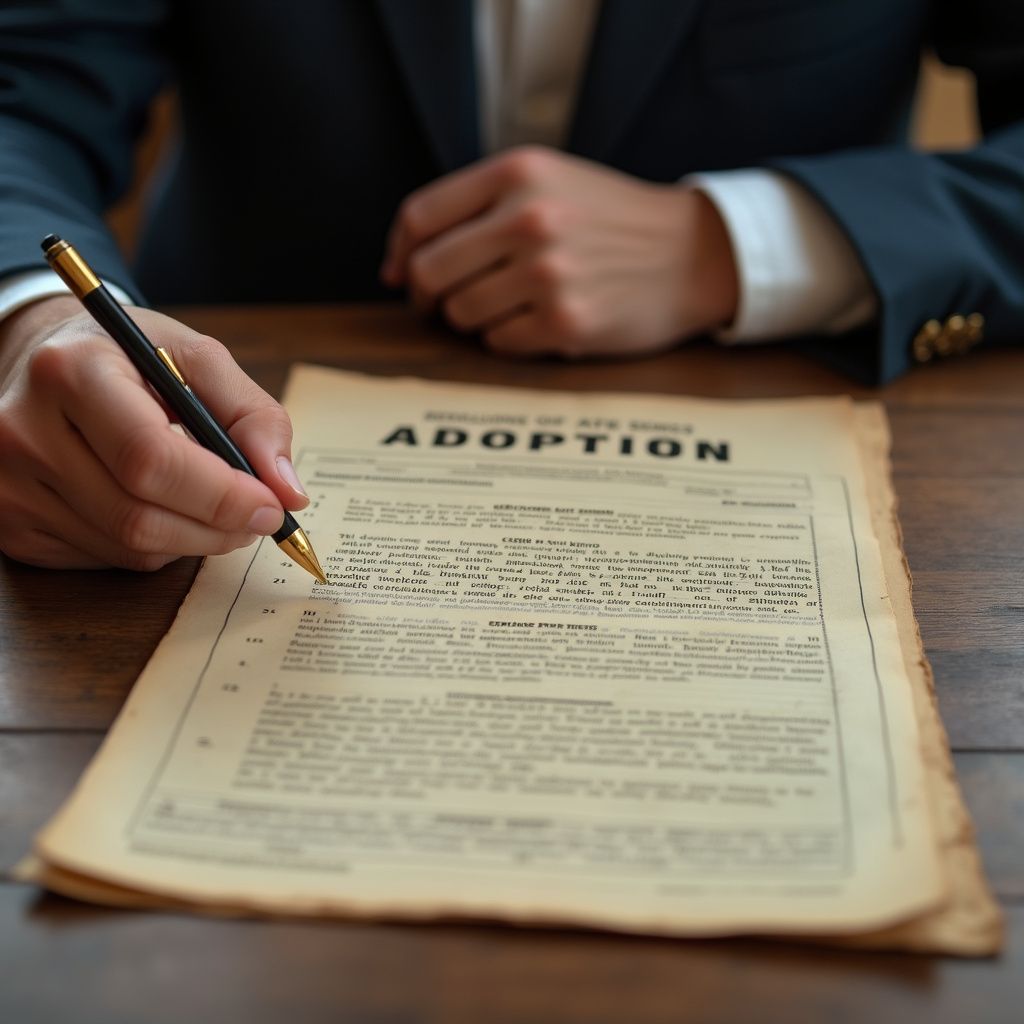 Persoon ondertekent adoptiedocument. Close-up van handen, pen en document op een houten tafel.