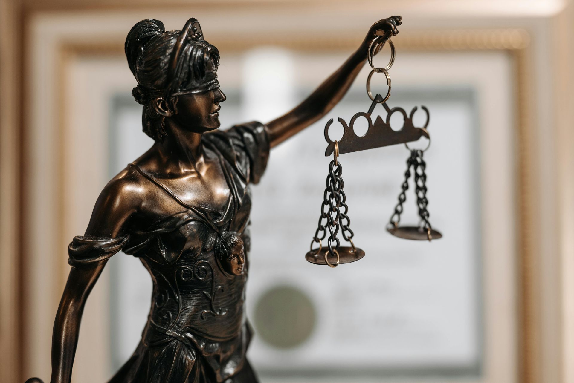 Bronzen beeld van Vrouwe Justitia met een weegschaal in haar handen, tegen de achtergrond van een ingelijst document.