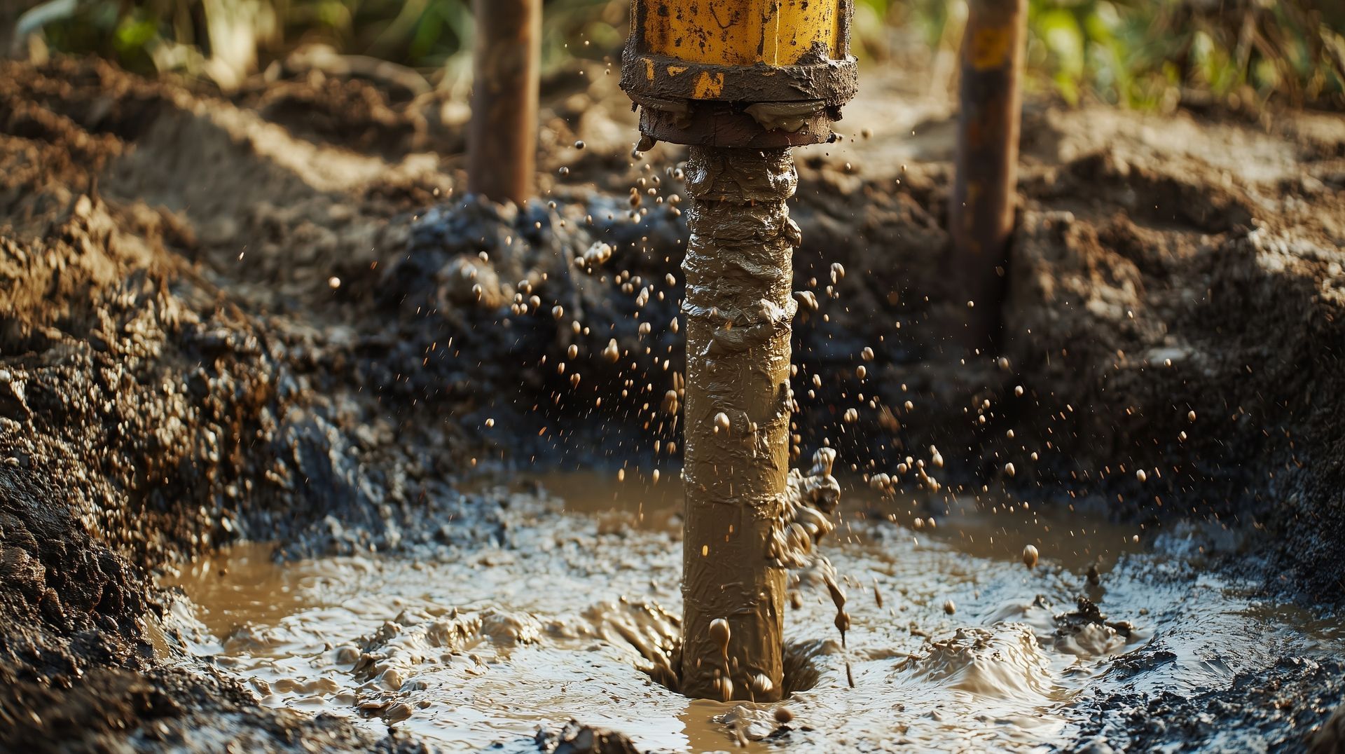 Close-up of a rotating drill string and muddy splash from an active water well drilling project.