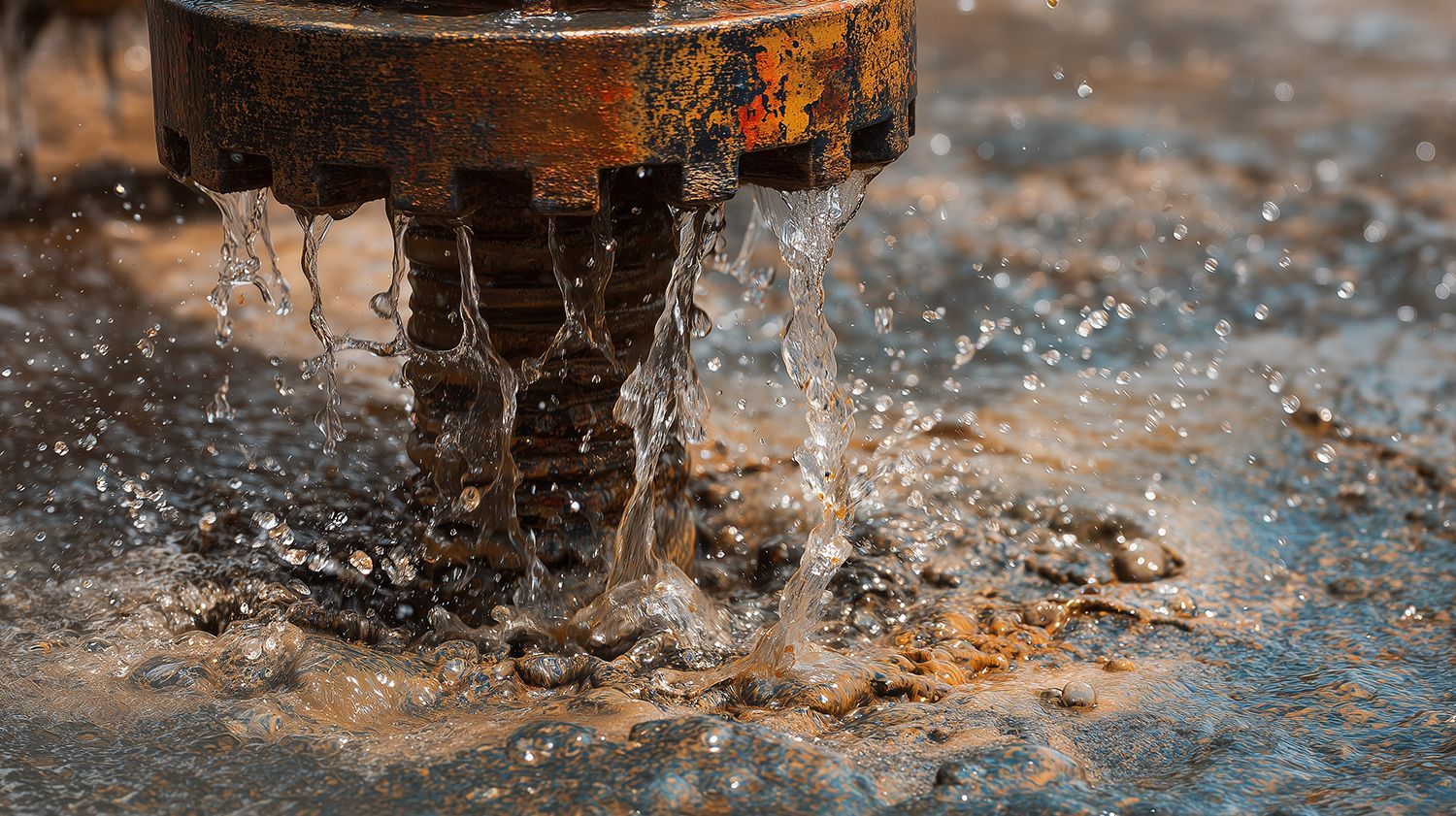 Water leaking from a metal pipe fitting onto a wet, muddy surface.
