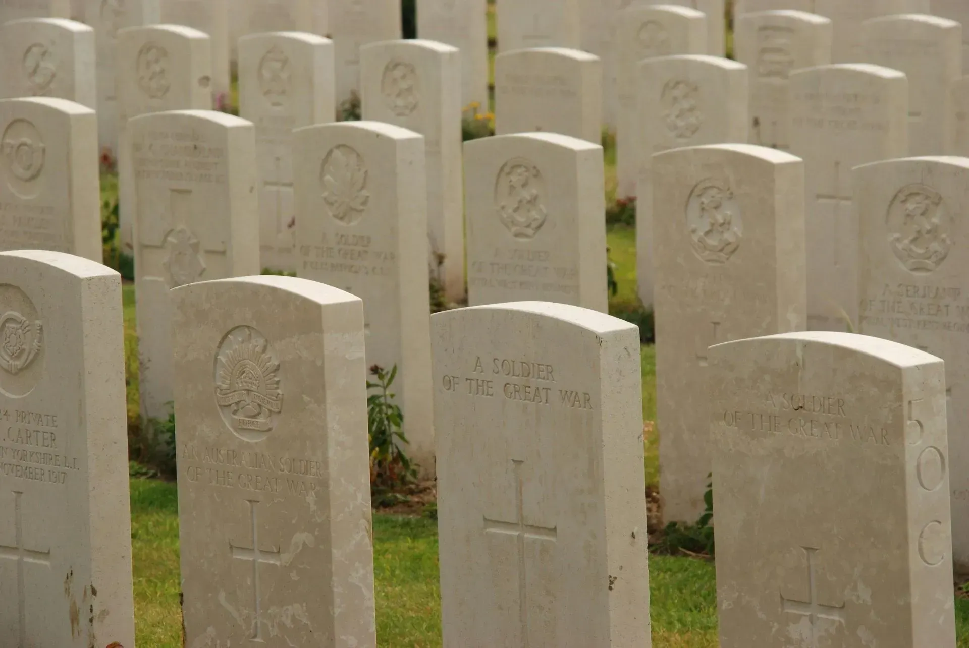 Rows of white gravestones in a grassy cemetery; likely a war cemetery with crosses and symbols.