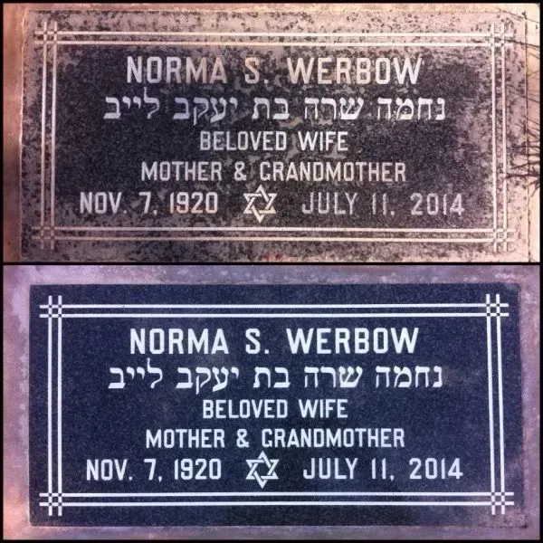 Two headstone images: one aged, one cleaned. Both show a woman's name, dates, and Hebrew text.