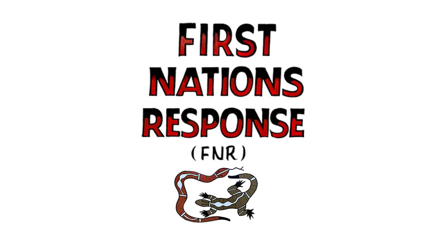 A logo for first nations response with a snake ad goanna on it.