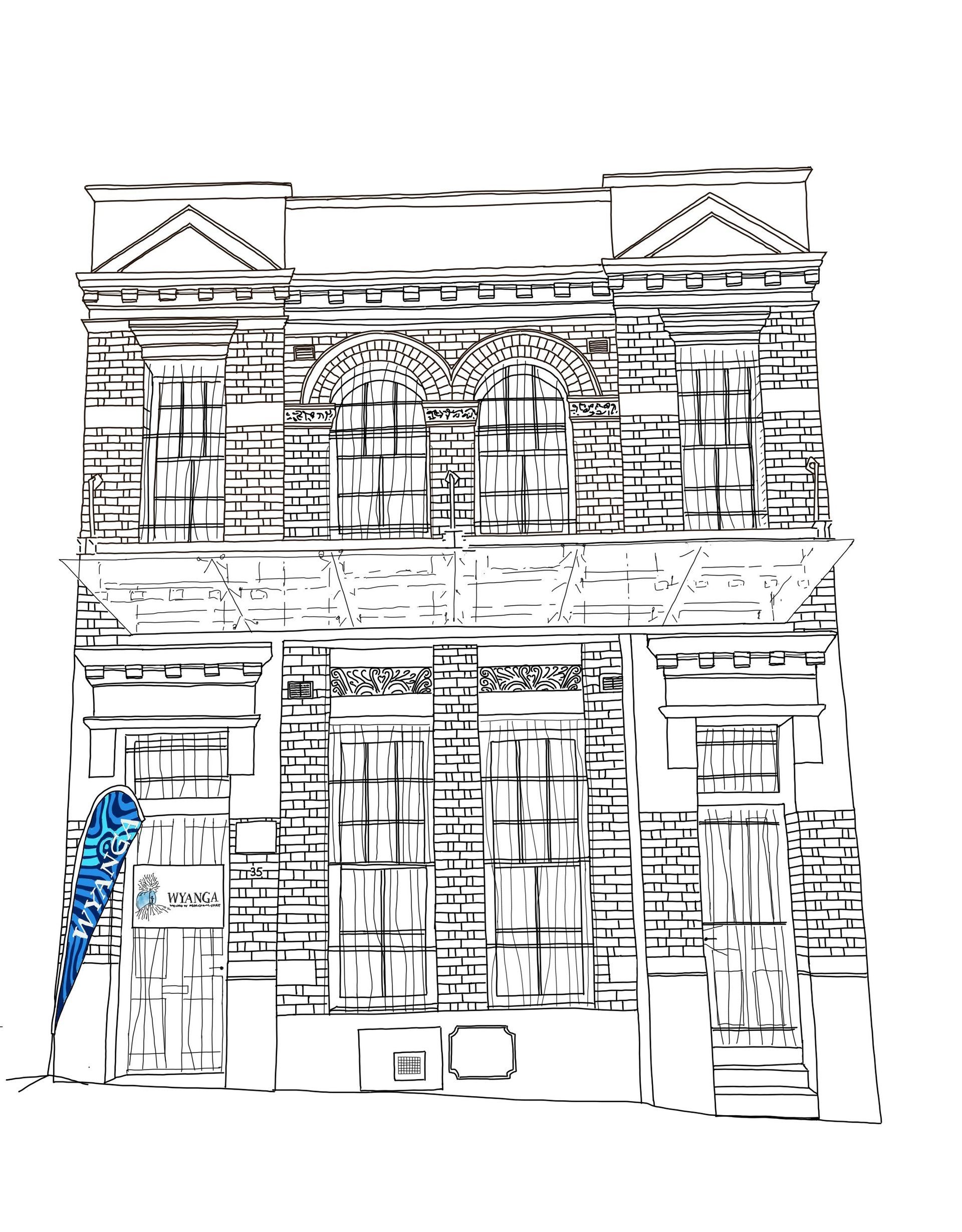 A black and white drawing of the Wyanga building