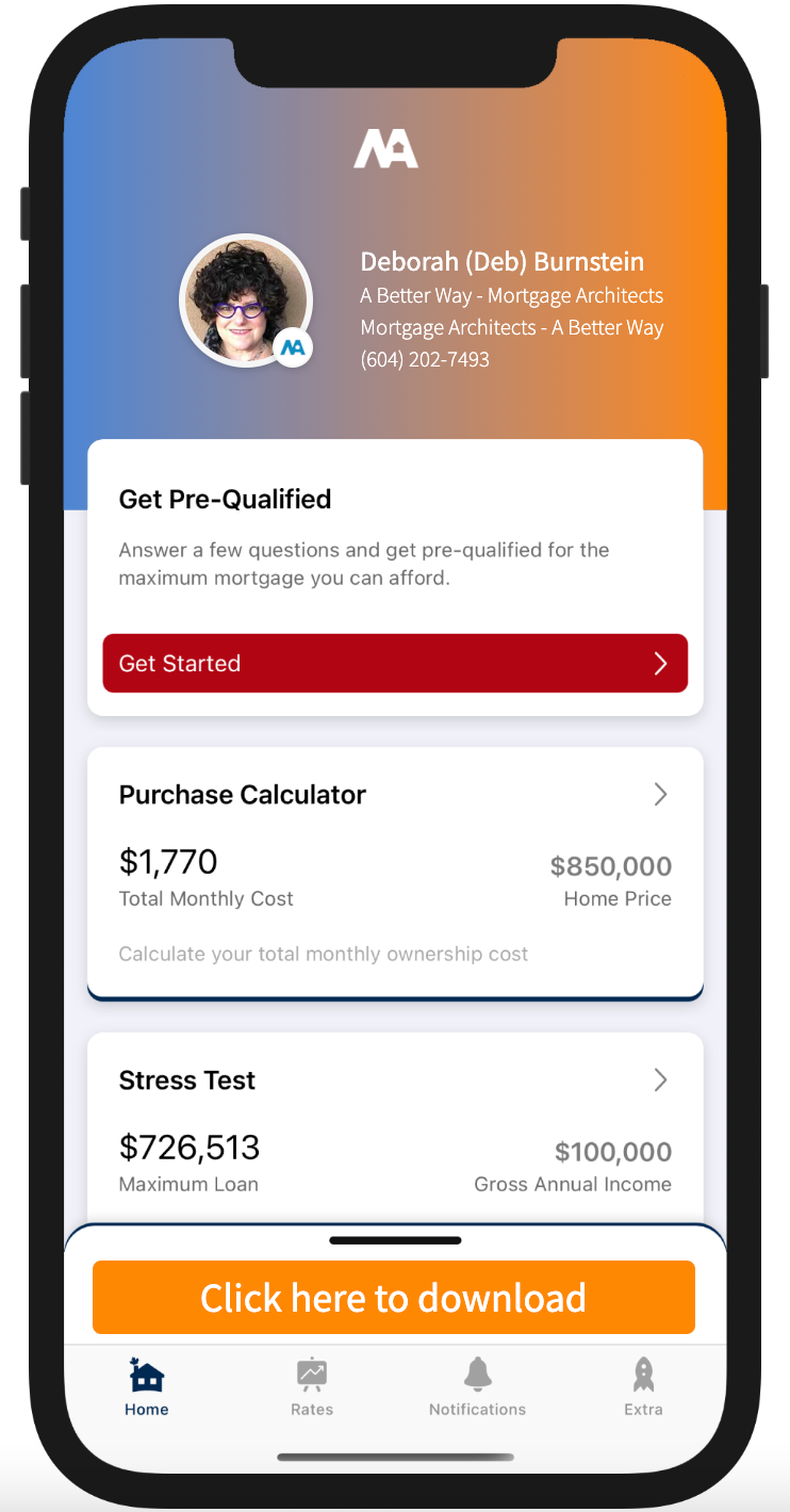 Mobile app interface. Shows options for pre-qualification, mortgage calculator, and loan details.