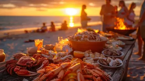 A white plate topped with lobster tails and lemon slices