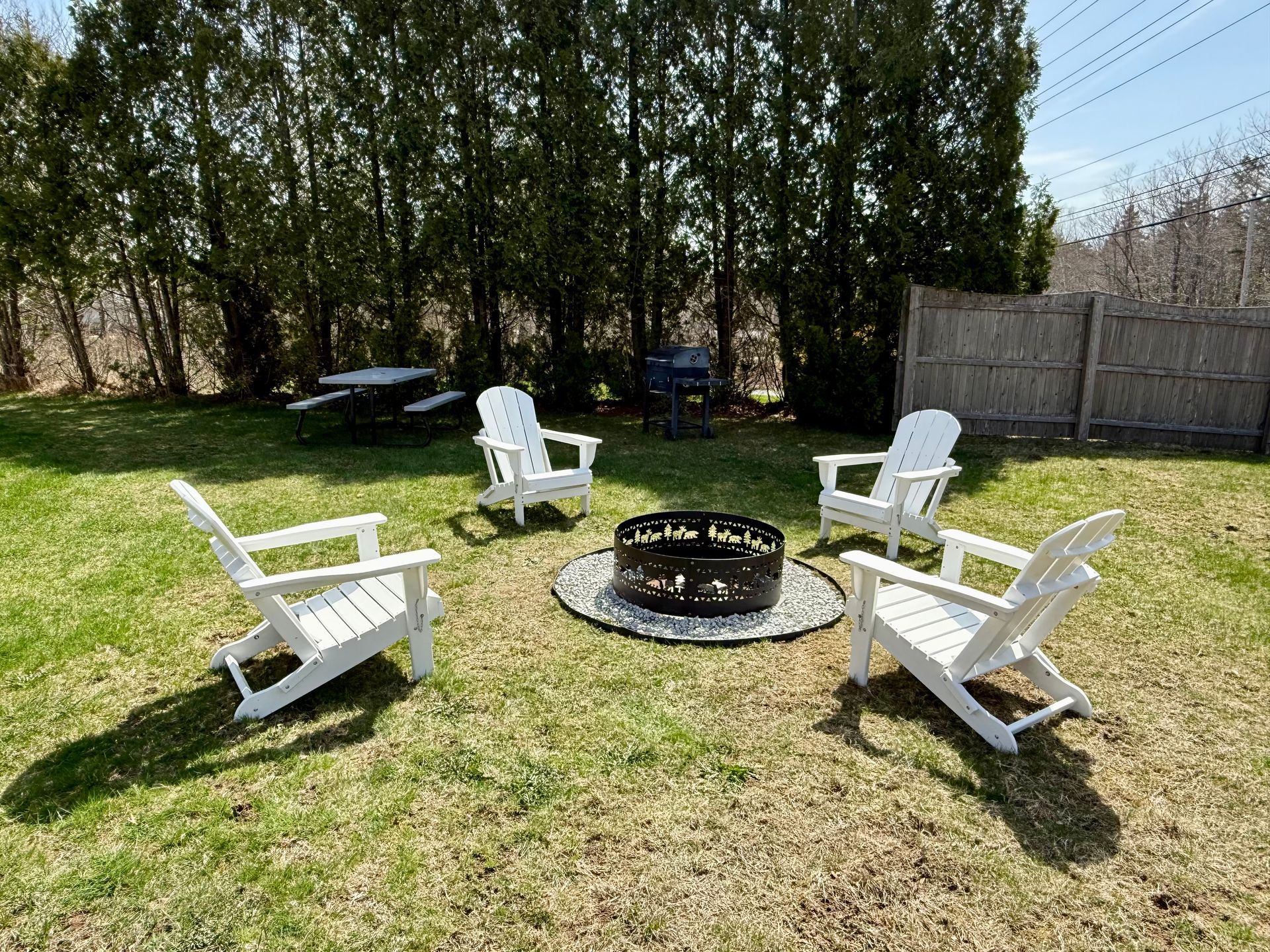 A group of chairs are sitting around a fire pit in a backyard.