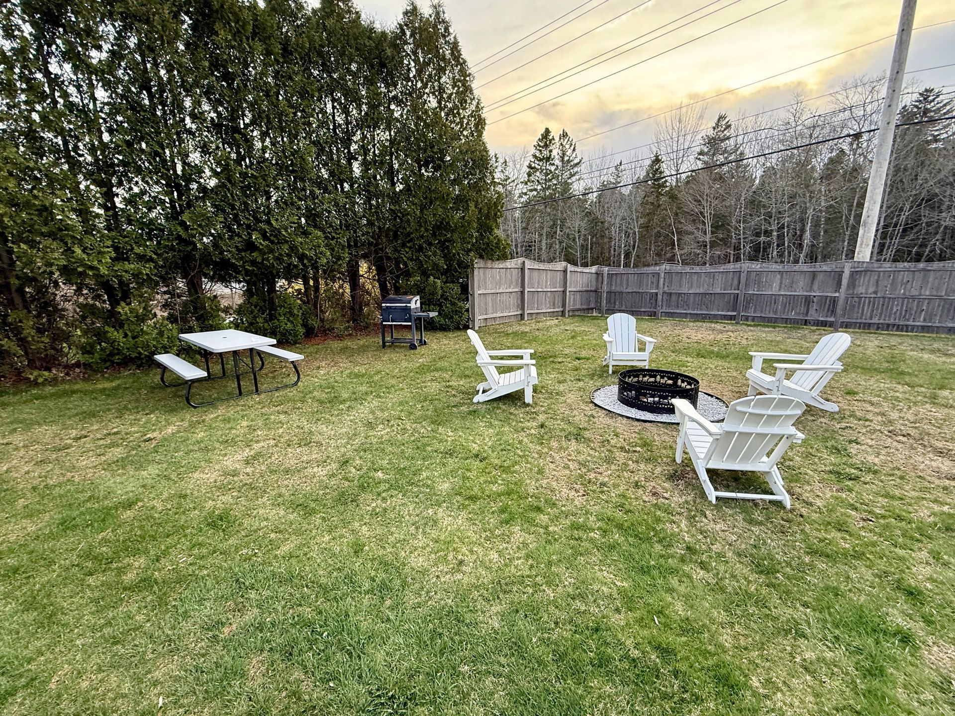 A backyard with a picnic table and chairs and a fire pit.