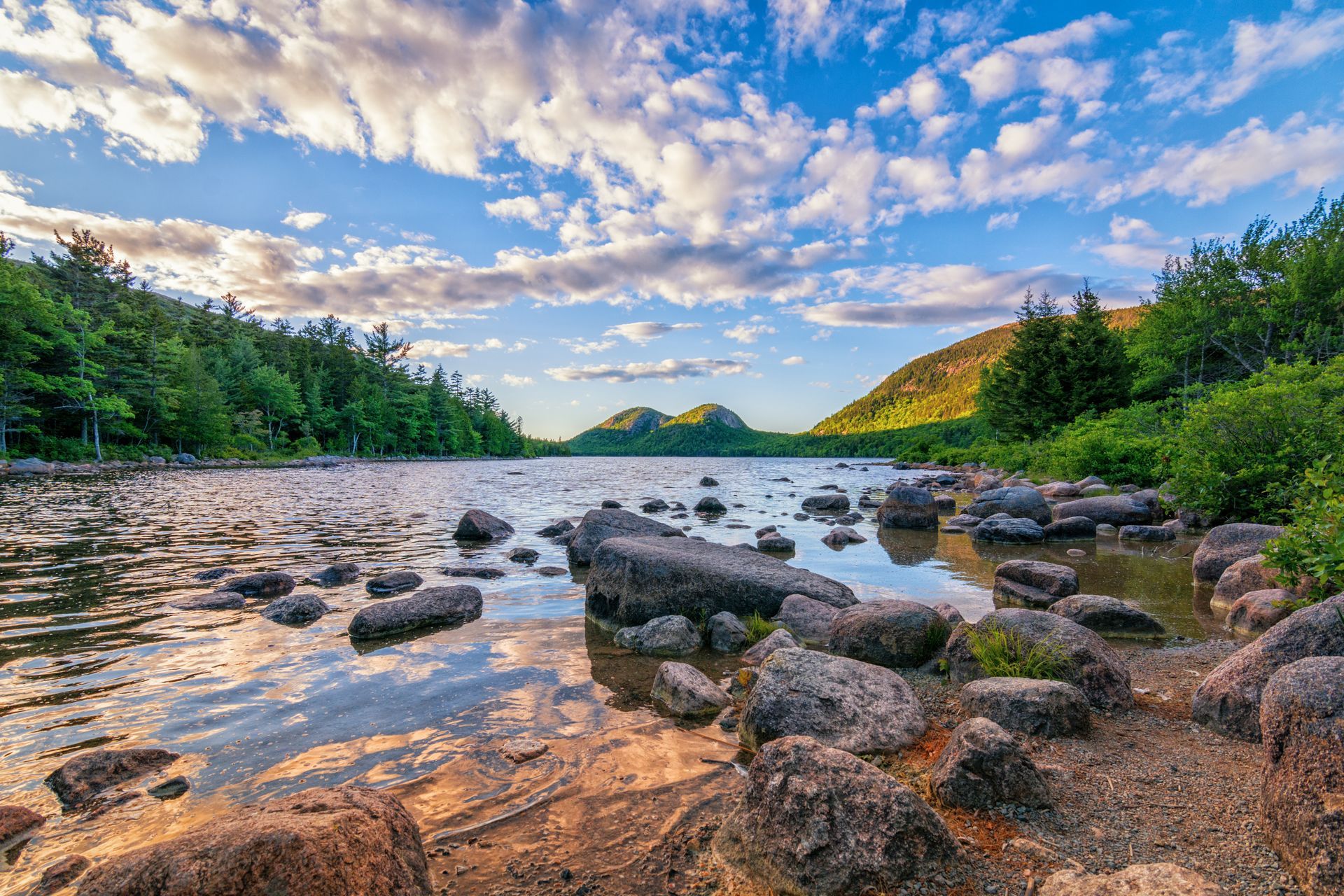 Rocky shoreline of a lake reflecting blue sky, trees and distant mountains.