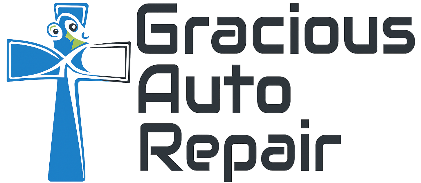 Logo for Gracious Auto Repair featuring a blue cross-shaped figure holding a white rectangle.