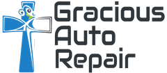Logo for Gracious Auto Repair featuring a blue cross-shaped figure holding a white rectangle.