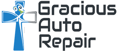 Logo for Gracious Auto Repair: a blue cross with a smiling face holding a sign, text 